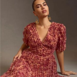 Mac Duggal Mesh floral printed dress with ruffles